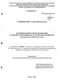 Рудометова, Галина Васильевна. Формирование и использование кадрового потенциала в сельском хозяйстве: На материалах Пермского края: дис. кандидат экономических наук: 08.00.05 - Экономика и управление народным хозяйством: теория управления экономическими системами; макроэкономика; экономика, организация и управление предприятиями, отраслями, комплексами; управление инновациями; региональная экономика; логистика; экономика труда. Пермь. 2006. 174 с.