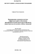 Алферова, Елена Аркадьевна. Формирование и развитие системы инфраструктурного обеспечения предпринимательской деятельности филиалов (представительств) высших учебных заведений: дис. кандидат экономических наук: 08.00.05 - Экономика и управление народным хозяйством: теория управления экономическими системами; макроэкономика; экономика, организация и управление предприятиями, отраслями, комплексами; управление инновациями; региональная экономика; логистика; экономика труда. Москва. 2006. 116 с.