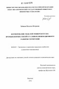 Зайцева, Наталья Петровна. Формирование моделей университетско-промышленных связей в условиях инновационного развития территорий: дис. кандидат экономических наук: 08.00.05 - Экономика и управление народным хозяйством: теория управления экономическими системами; макроэкономика; экономика, организация и управление предприятиями, отраслями, комплексами; управление инновациями; региональная экономика; логистика; экономика труда. Воронеж. 2012. 197 с.