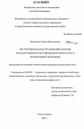 Пилипцова, Галина Валентиновна. Институциональная организация и формы государственного регулирования сферы услуг в транзитивной экономике: дис. кандидат экономических наук: 08.00.05 - Экономика и управление народным хозяйством: теория управления экономическими системами; макроэкономика; экономика, организация и управление предприятиями, отраслями, комплексами; управление инновациями; региональная экономика; логистика; экономика труда. Ростов-на-Дону. 2007. 217 с.