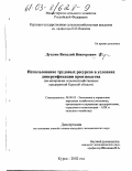 Дуплин, Виталий Викторович. Использование трудовых ресурсов в условиях диверсификации производства: На материалах сельскохозяйственных предприятий Курской области: дис. кандидат экономических наук: 08.00.05 - Экономика и управление народным хозяйством: теория управления экономическими системами; макроэкономика; экономика, организация и управление предприятиями, отраслями, комплексами; управление инновациями; региональная экономика; логистика; экономика труда. Курск. 2002. 178 с.