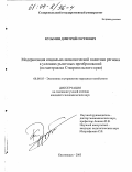 Кузьмин, Дмитрий Сергеевич. Модернизация социально-экономической политики региона в условиях рыночных преобразований: На материалах Ставропольского края: дис. кандидат экономических наук: 08.00.05 - Экономика и управление народным хозяйством: теория управления экономическими системами; макроэкономика; экономика, организация и управление предприятиями, отраслями, комплексами; управление инновациями; региональная экономика; логистика; экономика труда. Кисловодск. 2003. 228 с.