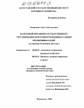 Закаръяева, Аида Алаутдиновна. Налоговый механизм государственного регулирования деятельности индивидуальных предпринимателей: На примере Республики Дагестан: дис. кандидат экономических наук: 08.00.05 - Экономика и управление народным хозяйством: теория управления экономическими системами; макроэкономика; экономика, организация и управление предприятиями, отраслями, комплексами; управление инновациями; региональная экономика; логистика; экономика труда. Махачкала. 2003. 154 с.