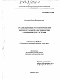 Солодова, Елена Владимировна. Организационные ресурсы управления интеллектуальной собственностью в экономических системах: дис. кандидат экономических наук: 08.00.05 - Экономика и управление народным хозяйством: теория управления экономическими системами; макроэкономика; экономика, организация и управление предприятиями, отраслями, комплексами; управление инновациями; региональная экономика; логистика; экономика труда. Москва. 2002. 181 с.