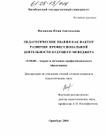 Москалева, Юлия Анатольевна. Педагогические знания как фактор развития профессиональной деятельности будущего менеджера: дис. кандидат педагогических наук: 13.00.08 - Теория и методика профессионального образования. Оренбург. 2004. 181 с.