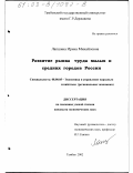 Лапшина, Ирина Михайловна. Развитие рынка труда малых и средних городов России: дис. кандидат экономических наук: 08.00.05 - Экономика и управление народным хозяйством: теория управления экономическими системами; макроэкономика; экономика, организация и управление предприятиями, отраслями, комплексами; управление инновациями; региональная экономика; логистика; экономика труда. Тамбов. 2002. 150 с.