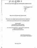 Брызгалин, Владимир Леонидович. Региональная инфраструктура реализации кадрового потенциала в условиях рыночных трансформаций: дис. кандидат экономических наук: 08.00.05 - Экономика и управление народным хозяйством: теория управления экономическими системами; макроэкономика; экономика, организация и управление предприятиями, отраслями, комплексами; управление инновациями; региональная экономика; логистика; экономика труда. Волгоград. 2003. 159 с.