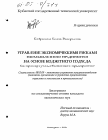 Бобрикова, Елена Валерьевна. Управление экономическими рисками промышленного предприятия на основе бюджетного подхода: На примере угледобывающего предприятия: дис. кандидат экономических наук: 08.00.05 - Экономика и управление народным хозяйством: теория управления экономическими системами; макроэкономика; экономика, организация и управление предприятиями, отраслями, комплексами; управление инновациями; региональная экономика; логистика; экономика труда. Кемерово. 2004. 150 с.