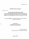 Кетова, Сюзана Султановна. Управление интенсификацией трансформационных процессов в становлении единого экономического пространства России: дис. кандидат экономических наук: 08.00.05 - Экономика и управление народным хозяйством: теория управления экономическими системами; макроэкономика; экономика, организация и управление предприятиями, отраслями, комплексами; управление инновациями; региональная экономика; логистика; экономика труда. Нальчик. 2009. 183 с.