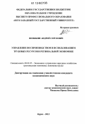 Шевякин, Андрей Сергеевич. Управление воспроизводством и использованием трудовых ресурсов в региональной экономике: дис. кандидат экономических наук: 08.00.05 - Экономика и управление народным хозяйством: теория управления экономическими системами; макроэкономика; экономика, организация и управление предприятиями, отраслями, комплексами; управление инновациями; региональная экономика; логистика; экономика труда. Курск. 2012. 176 с.